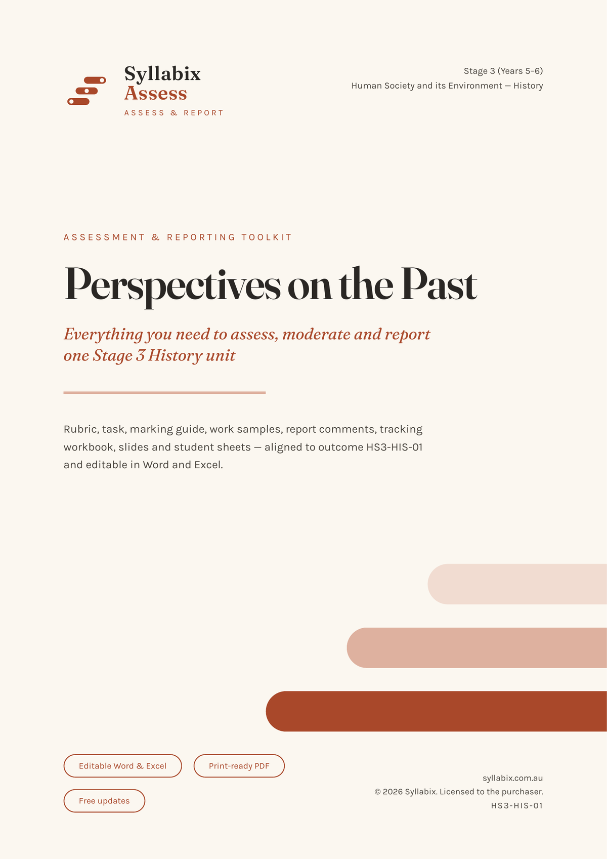 Cover of the Syllabix Stage 3 History toolkit, Perspectives on the Past, outcome HS3-HIS-01