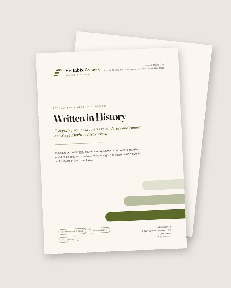 The Written in History toolkit cover on a small stack of pages