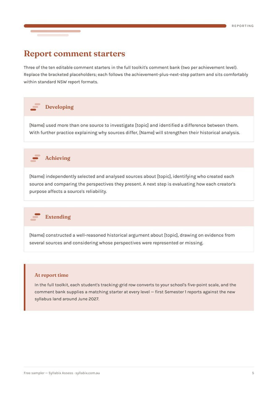 The report comment starters page from the free sampler