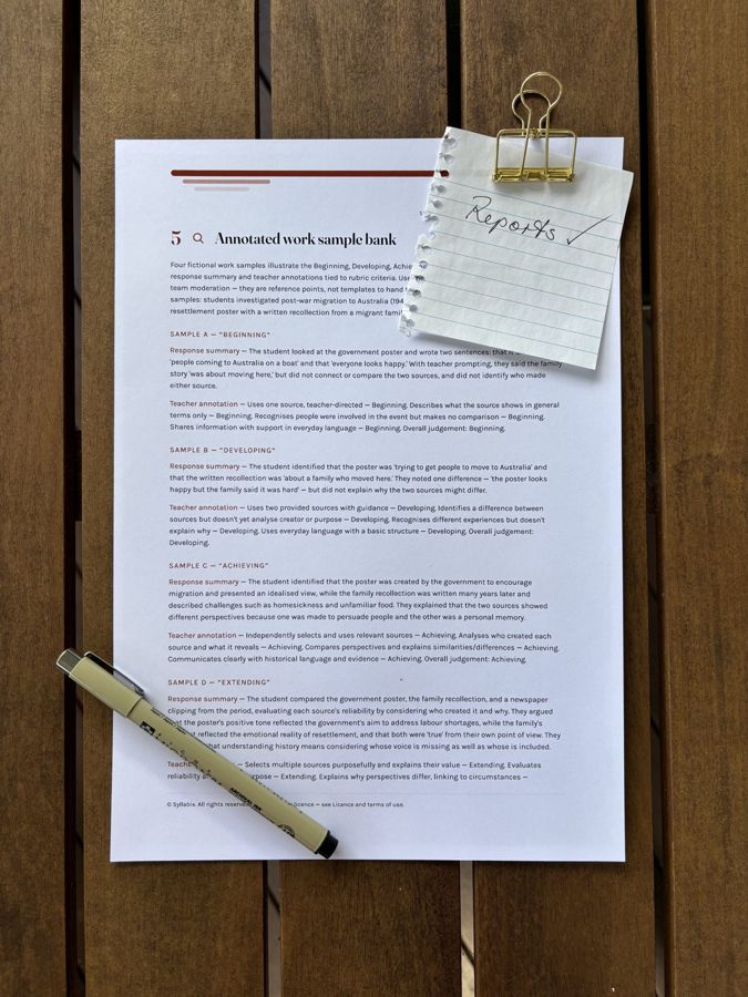 An annotated work sample with a clipped note reading Reports, ticked