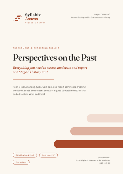Cover of the Syllabix Stage 3 History toolkit, Perspectives on the Past, outcome HS3-HIS-01
